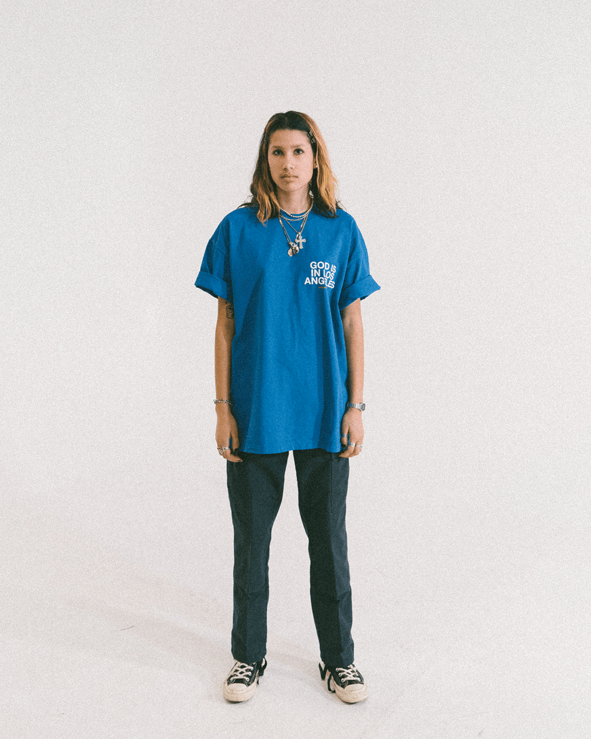 The God Is In Los Angeles Shirt is a premium garment dyed, ethically sourced and made in the USA T-shirt made by NHIM Apparel Christian clothing brand.