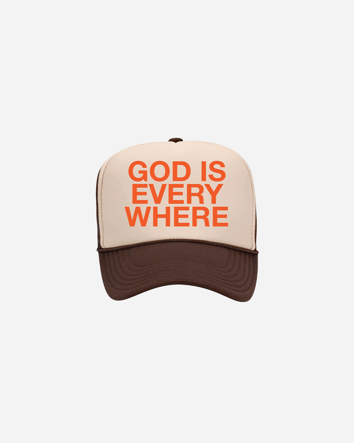 GOD IS EVERYWHERE Trucker hat brown and tan with orange writing. Christian hat by NHIM APPAREL