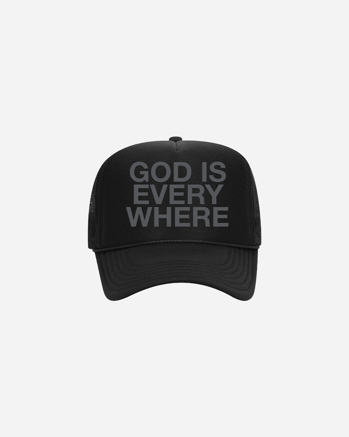 God is Everywhere Black Trucker Hat with grey writing, NHIM APPAREL
