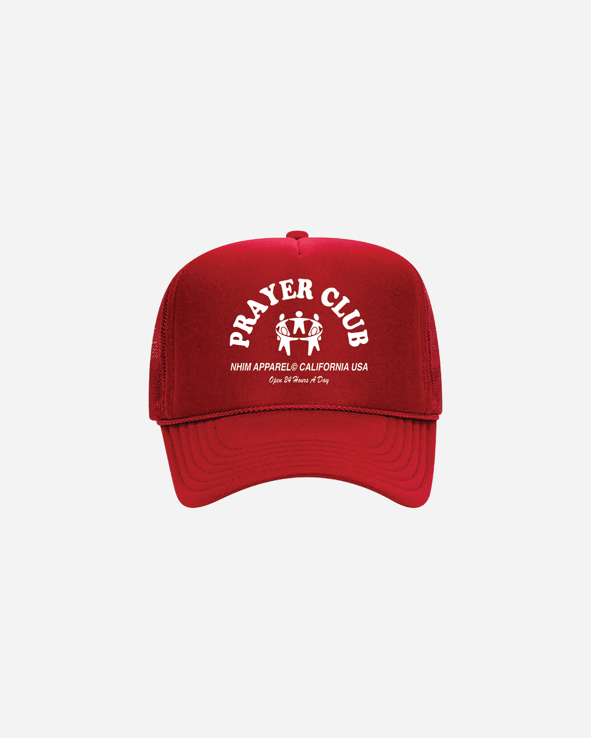 Prayer Club red colored christian trucker hat with white graphic of people in a circle made by NHIM APPAREL christian clothing brand